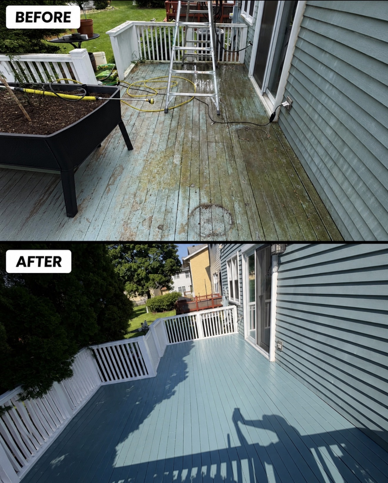 Deck before and after refinishing, from stripped weathered wood to painted seafoam blue
