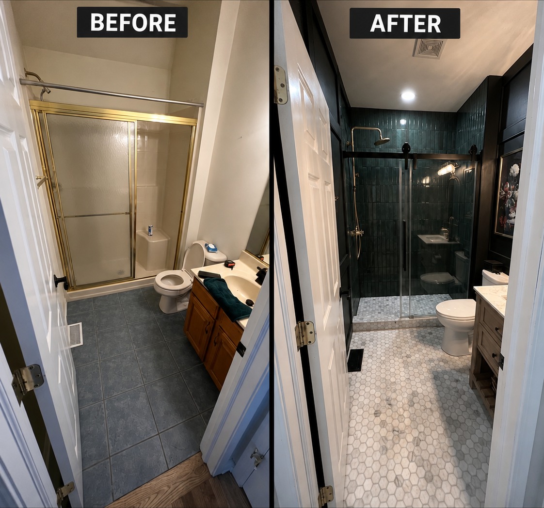 Bathroom before and after remodel, from dated gold shower door and tile to a dark green tiled walk-in shower with hexagon marble floors